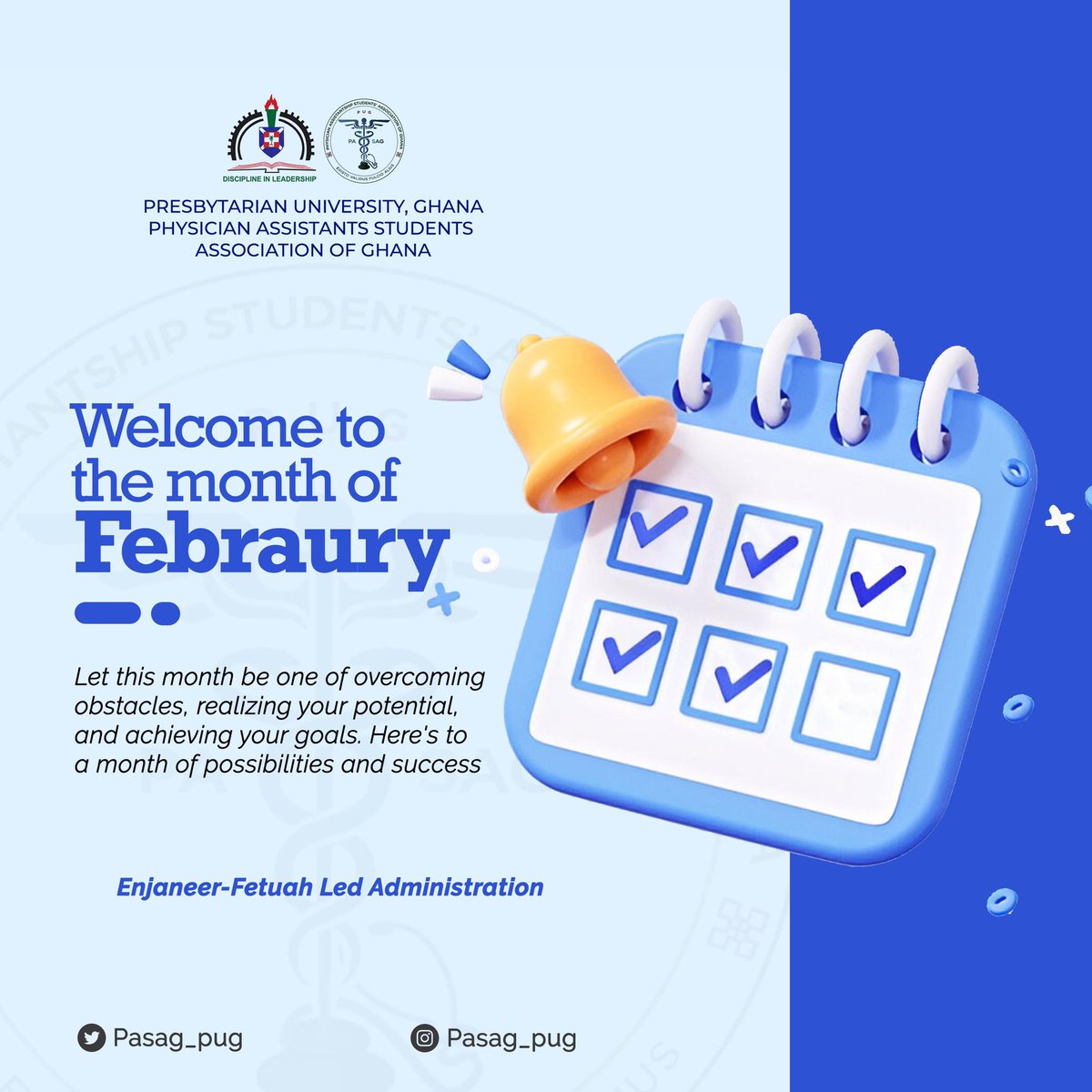 *🩺PASAG PUG🇬🇭🩺*

*🏷️*WELCOME TO FEBRUARY* *

 🗒️FEBRUARY 1ST, 2025.

📮*FELLOW PASAGNARIANS AND THE GENERAL PUBLIC*

Let this month be one of overcoming obstacles, realizing your potential, and achieving your goals. Here's to a month of possibilities and success