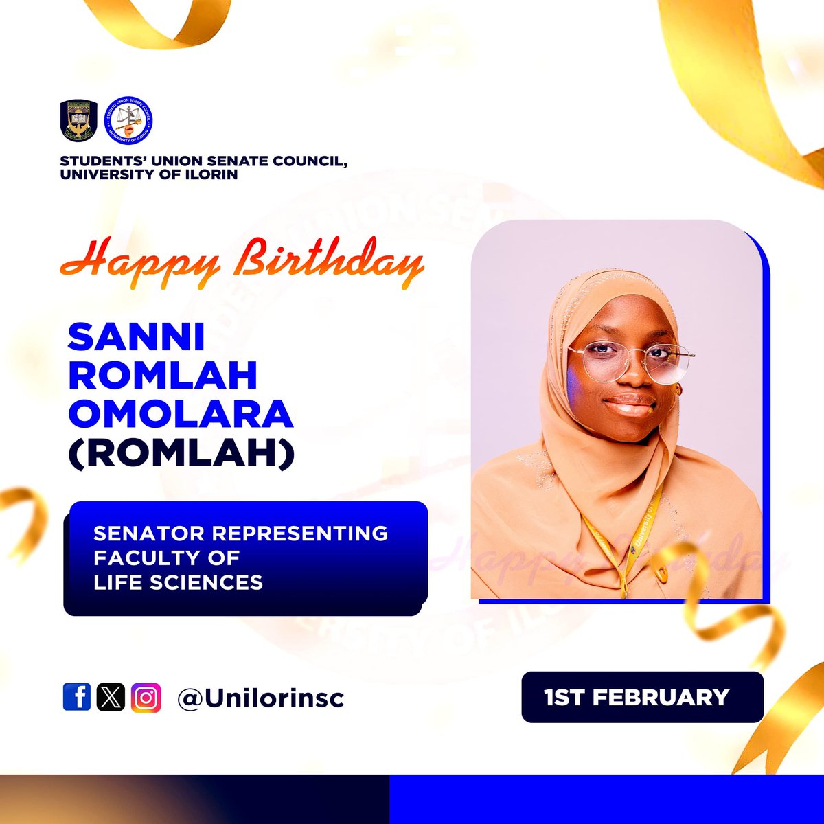 UnilorinSC's tweet photo. CHEERS 🥂. IT'S YOUR GENETHLIAC DAY🤍

Warmest wishes, Distinguished Senator @romlah_sanni on your special day! The entire Senate Council '24/25 joins in celebrating you. May God's blessings, guidance, and protection be upon you, granting you a long, successful life filled... https://t.co/mKo83xoMY3