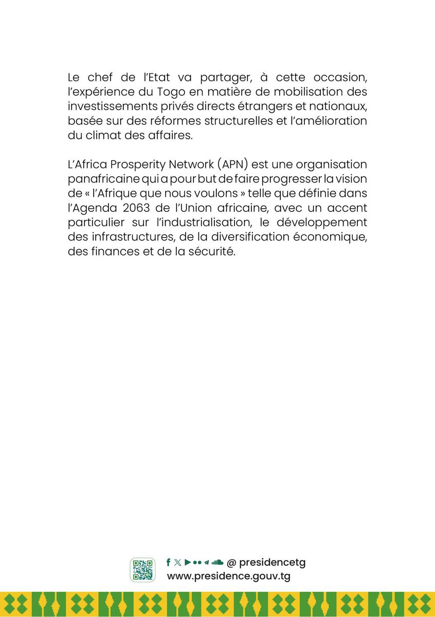 Le Président de la République, SEM Faure Essozimna Gnassingbé prend part, ce samedi 1er février 2025 à Accra au Ghana, aux travaux de la troisième édition des Dialogues sur la prospérité en Afrique (APD 2025).

Les détails dans le communiqué ci-dessous.

#PresidenceTg 🇹🇬
#APD2025