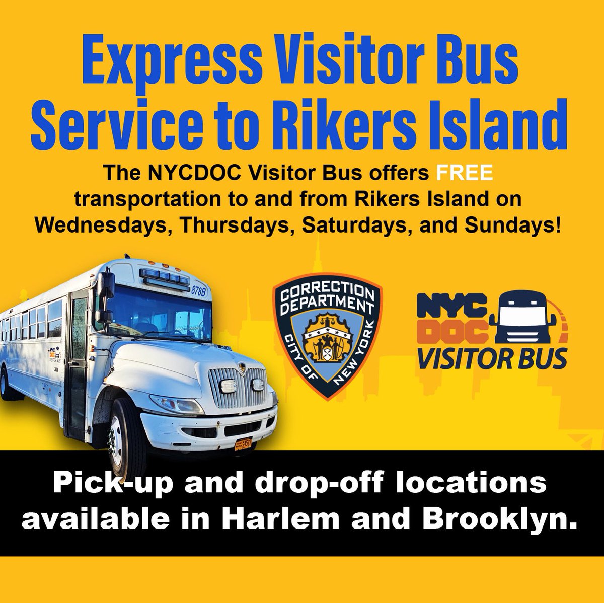 Visiting a loved one in custody on #RikersIsland? Remember you can use #NYCDOC’s free shuttle service. Check out the timetable today at on.nyc.gov/4f2laai.