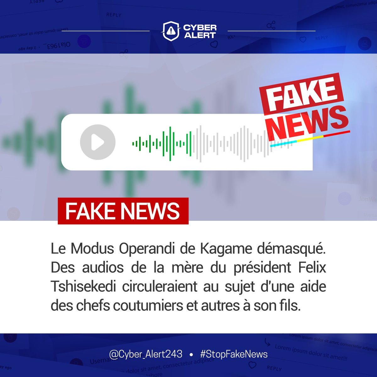 Cyber_Alert243's tweet photo. Le Modus Operandi de #Kagame démasqué. Des audios de la mère du président Felix Tshisekedi circuleraient au sujet d'une aide des chefs coutumiers et autres à son fils.
#StopFakeNews
#CyberAlert243 https://t.co/CiGEIojMQn