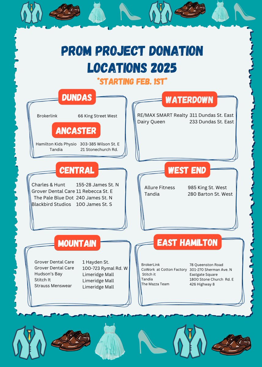 PromProjectHam's tweet image. Prom Project 2025 donation locations and greatest needs! Consider donating starting today until March 30th. Thank you to our businesses for hosting a drop off box!