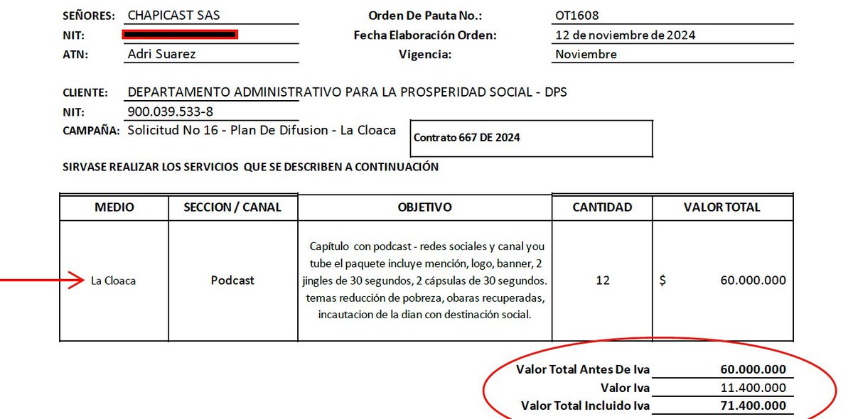 Danielbricen's tweet image. Aunque el señor @LevyRincon ha dicho varias veces que el gobierno Petro no le paga, este documento revela que recibe pauta de prosperidad social por hacerle publicidad en el programa la Cloaca que hace con el señor @MeDicenWally.

Esta orden por $71.400.00 lo demuestra.