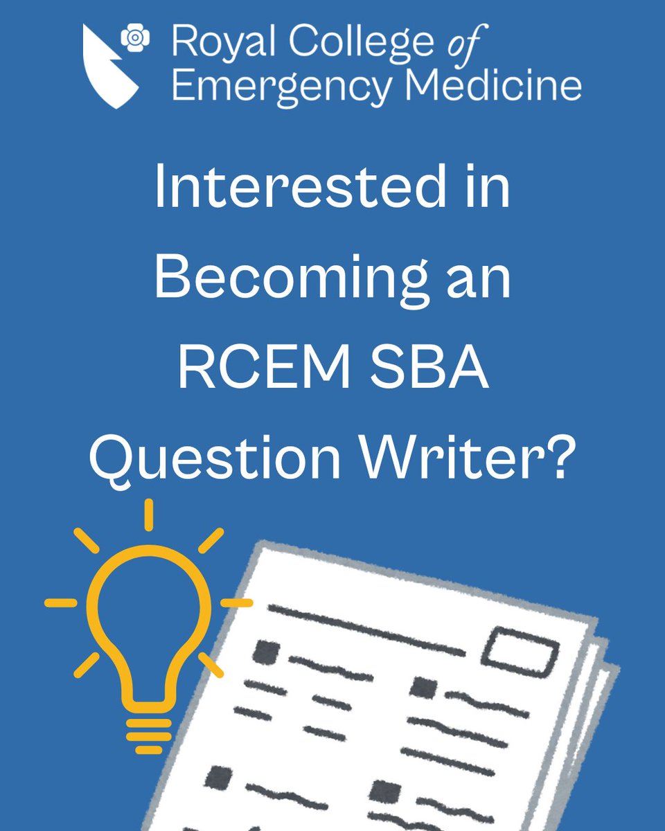 Royal College of Emergency Medicine (@rcollem) on Twitter photo Join our Theory & SBA Question Writing Workshops on 24 Feb 2025 at RCEM Octavia House, London! 📅 Sign up: tinyurl.com/SBAWriter
Open to UK-approved examiners only. Workshops are held in the UK & Ireland. Register your interest now! For queries, email: examqands@rcem.ac.uk Join our Theory & SBA Question Writing Workshops on 24 Feb 2025 at RCEM Octavia House, London! 📅 Sign up: tinyurl.com/SBAWriter
Open to UK-approved examiners only. Workshops are held in the UK & Ireland. Register your interest now! For queries, email: examqands@rcem.ac.uk