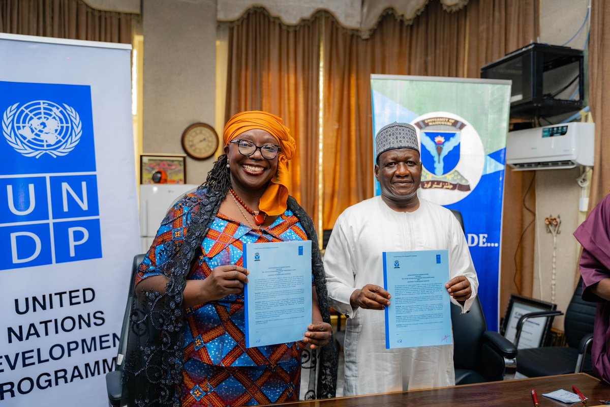 UNDPNigeria's tweet photo. Exciting times ahead! The #UniPod journey begins! With the University of Maiduguri, we're unlocking innovation &amp; empowering the next generation.  

The MOU signing with VC Prof. Mohammed Mele &amp; our Res Rep @ElsieAttafuah sets the stage for transformative change. 

Stay tuned https://t.co/6vcReu07Pt