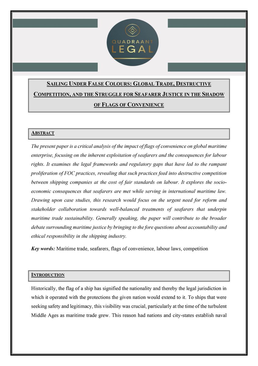 QuadraantLegal's tweet photo. Flags of Convenience (FOCs) offer shipowners cost savings and operational flexibility, but at what cost? This paper explores the "dark side" of FOCs, revealing how they facilitate exploitation of seafarers, environmental risks, and instability in the global shipping industry. https://t.co/J4A3moxDXH