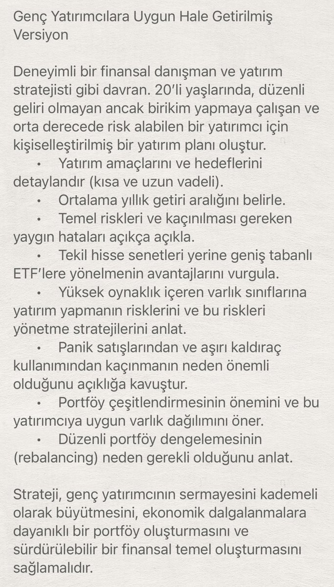 FigenGozener's tweet photo. @ProfDemirtas Genç yatırımcılar için örnek prompt: https://t.co/NQj36MsmMT