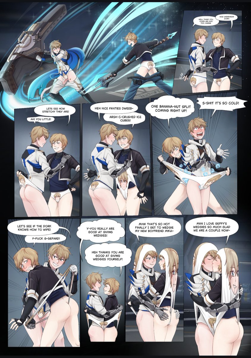 TaroTwinkMika's tweet photo. Mika and Gepard appear to have a sparring session which turned into a little wedgie wear between blonde twinks heh~

An Old commission which I never got to post 👀
art by @canecoum 
All Characters are 18+ https://t.co/Tjk9yO11yn