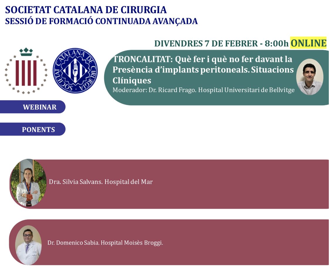 Societat Catalana de Cirurgia (@scatcir) on Twitter photo Us esperem el proper divendres 15/11 en format ONLINE a la sessió de formación continuada de la <a href="/ScatCir/">Societat Catalana de Cirurgia</a> dedicada a la carcinomatosi que s'organitza en format Webinar. La sessió serà moderada pel Dr. Ricard Frago
<a href="/SilviaSalvans/">Sílvia Salvans</a> <a href="/domenico_sabia/">Domenico Sabia</a> Us esperem el proper divendres 15/11 en format ONLINE a la sessió de formación continuada de la <a href="/ScatCir/">Societat Catalana de Cirurgia</a> dedicada a la carcinomatosi que s'organitza en format Webinar. La sessió serà moderada pel Dr. Ricard Frago
<a href="/SilviaSalvans/">Sílvia Salvans</a> <a href="/domenico_sabia/">Domenico Sabia</a>