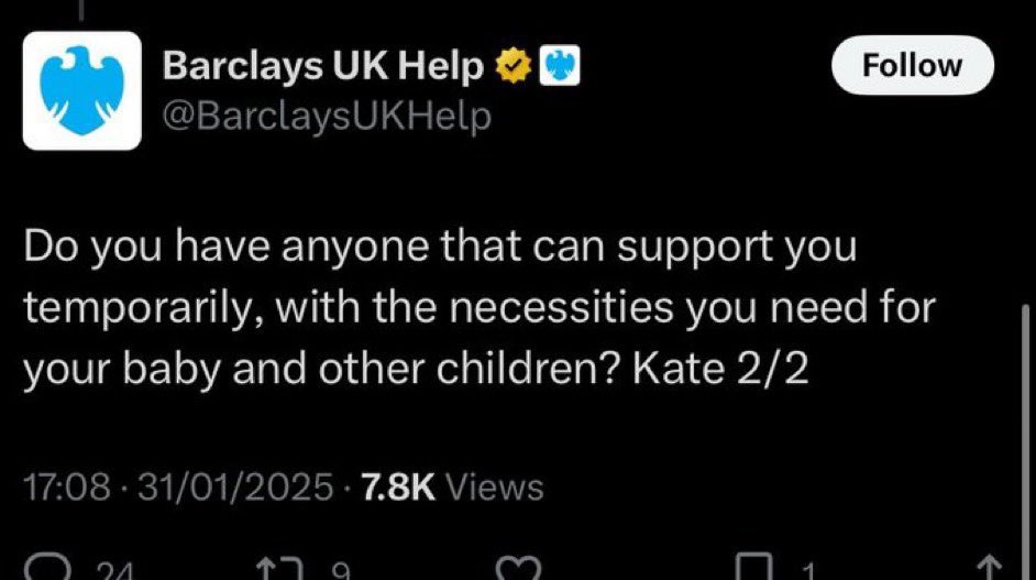Barclays has 20,000,000 customers in The U.K.
They manage billions of pounds of other people’s money and make billions in profits every year and this is their insensitive response to a mother who needs to buy essentials for her infant after their online banking crashed.