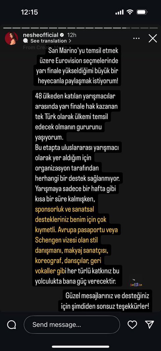 🇹🇷🇸🇲 San Marino ulusal finalinde yarışacak olan Neşe, maddi olarak destek ve Schengen vizesi olan ekip arkadaşları istedi.