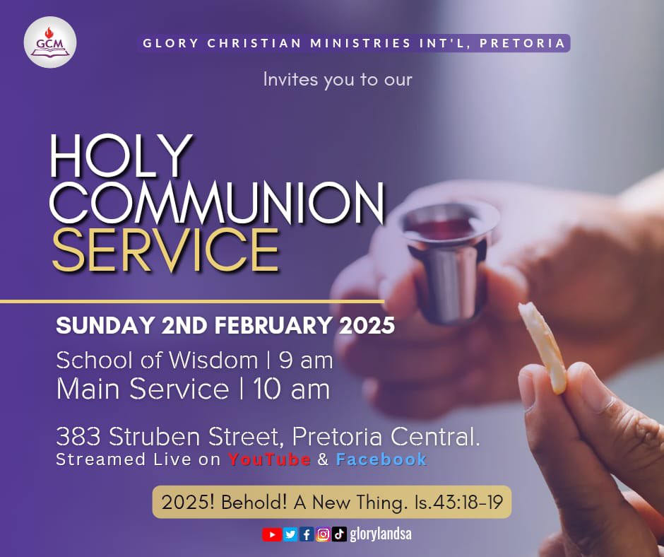 glorylandsa's tweet photo. Join us this Sunday for our Fresh Anointing &amp; Holy Communion Service🎉🎉 

Venue: 383 Struben Street.Pretoria Central.

You can also join the service live on YouTube: https://t.co/41ZFJdHOfi &amp; Facebook: https://t.co/HS5CaWIJtN

#GlorylandSA #2025 #Behold #ANewThing https://t.co/OqWaYDe6RP