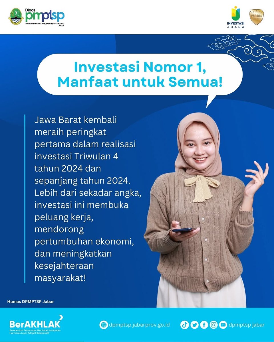 Amazinggg! Jabar kembali menempati peringkat pertama dalam realisasi investasi Triwulan IV dan sepanjang tahun 2024 secara nasional.

Hatur nuhun atas kerja bersama seluruh pihak 🙏🏻

Grafis by <a href="/dpmptspjabar/">DPMPTSP Prov Jabar</a>
#BanggaJadiWargaJabar #JabarCaang #HumasJabar #InvestasiJabar