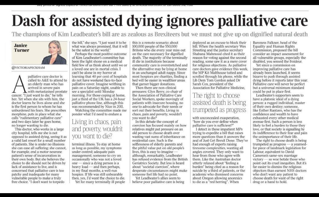Brilliant piece in the Times on the role of Palliative Care and societal coersion by Janice Turner in the <a href="/thetimes/">The Times and The Sunday Times</a> today #AssistedDyingBill #AssistedDying #assistedsuicide