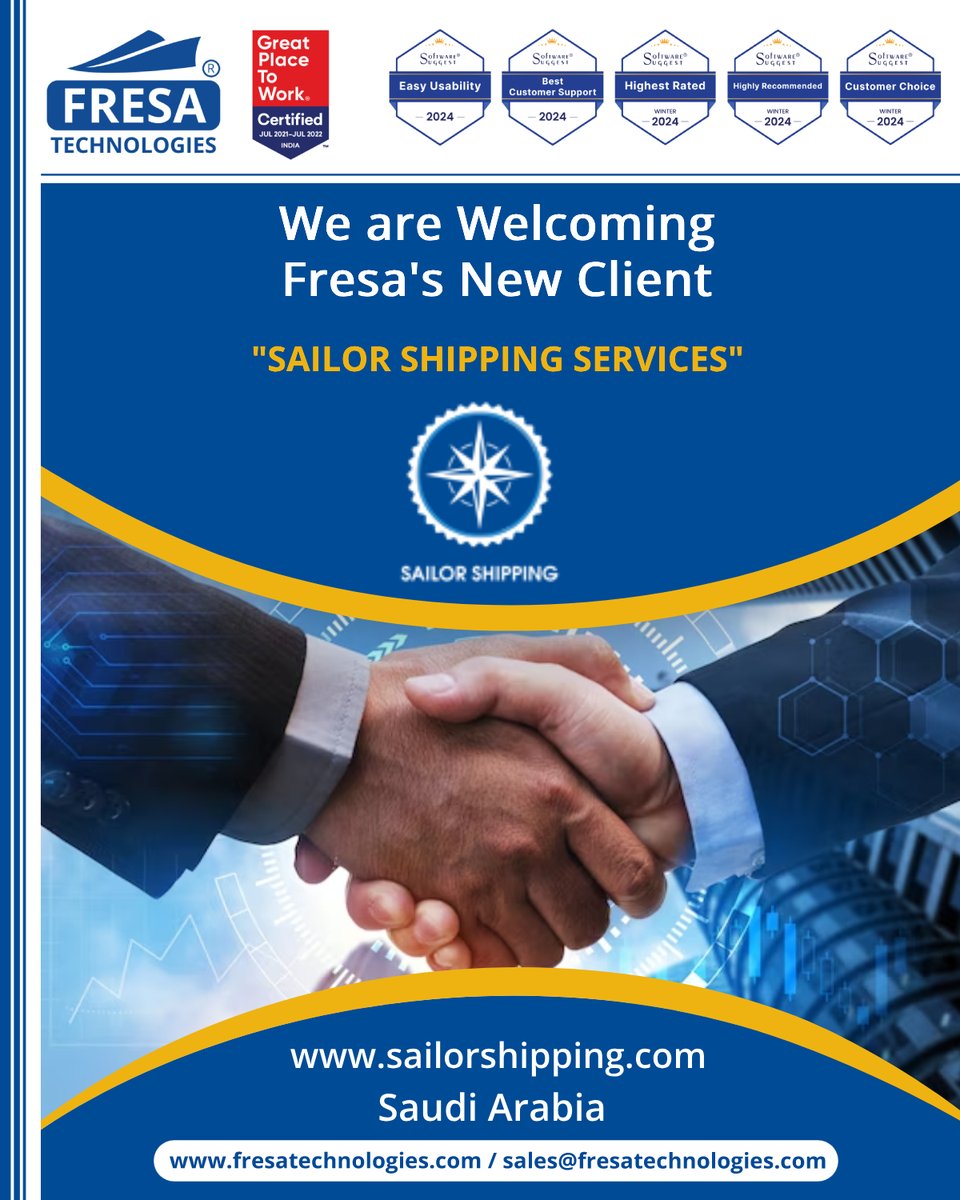 fresatechnology's tweet image. 🎉We are Welcoming Fresa's New Client🎉🤝🚀
"SAILOR SHIPPING SERVICES"
📍Saudi Arabia
#Fresa | #ShippingSoftware | #Logistics | #Welcome | #Client | #NewCustomer | #Onboard | #Newclient | #Sailor