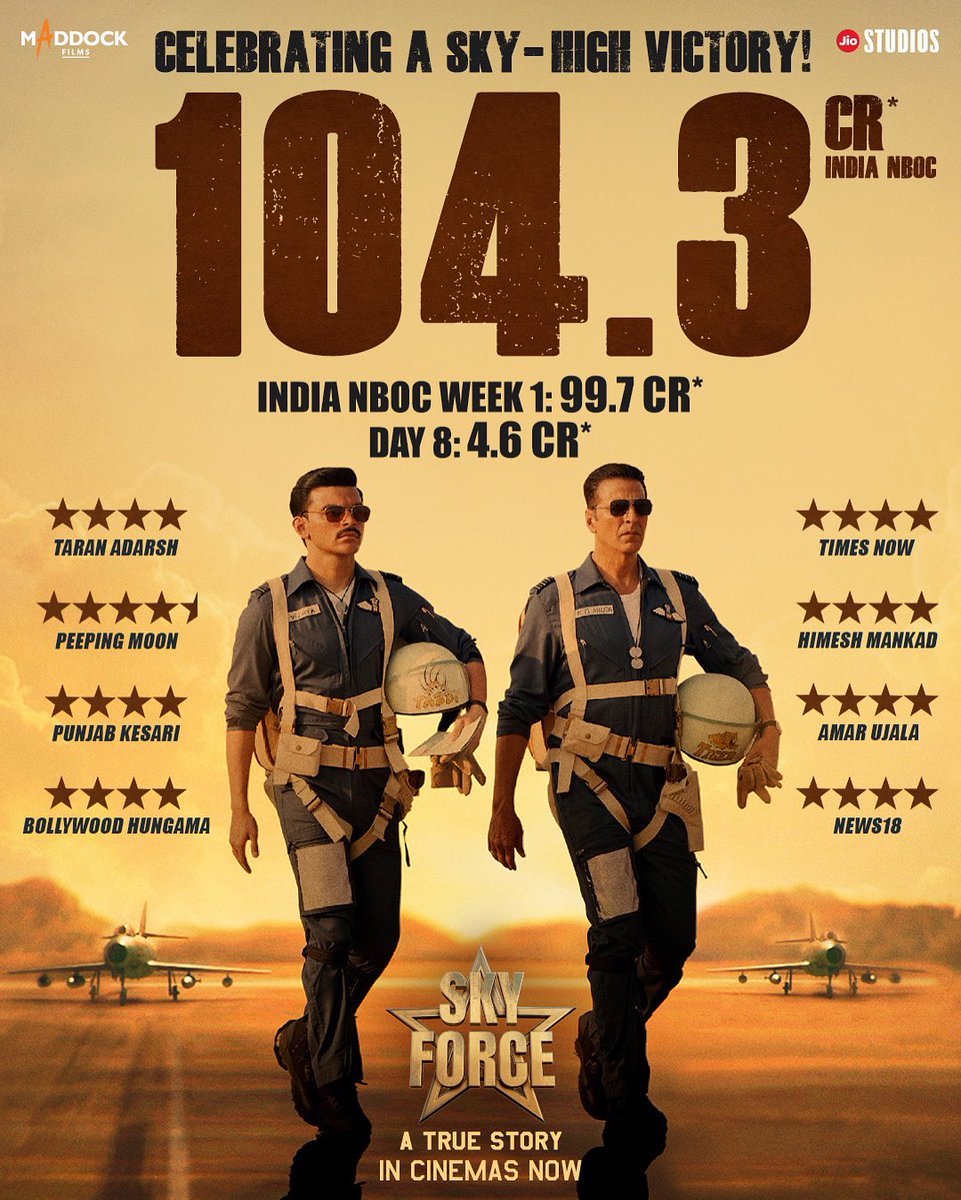 GauravAkshay16's tweet photo. 🎉 ₹100 Cr club🥳  The true story of courage and sacrifice is now the first blockbuster of 2025🔥😍
We're ✈️ #SkyForceInCinemas now
#AkshayKumar sir 
#VeerPahariya 
#MaddockFilms    #SkyForceInTheatersNow
 #SkyForceInCinema 
#AkshayKumar𓃵 #Akkians #SkyForceCollection https://t.co/VlNVf6NQBR