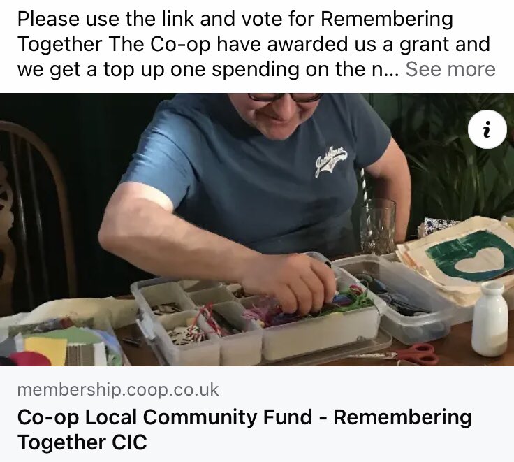 Please use the link and vote for Remembering Together The Co-op have awarded us a grant and we get a top up one spending on the number of votes we get. So far 550!! It’s really quick and easy to do. membership.coop.co.uk/causes/87495