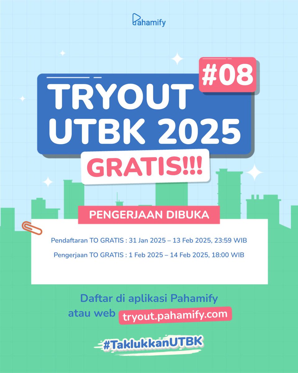 pahamify's tweet image. Pengerjaan TO UTBK-SNBT 2025 #08 Gratis DIBUKA!✏️

Pengerjaan TO GRATIS ditutup Jumat, 14 Feb 2025 pukul 18.00 WIB🏃🏼‍♂️💨

Kerjain di aplikasi Pahamify atau di web tryout.pahamify.com

Belum daftar? Masih bisa daftar GRATIS sampai tgl 13 Feb 2025! Caranya cek di thread ini