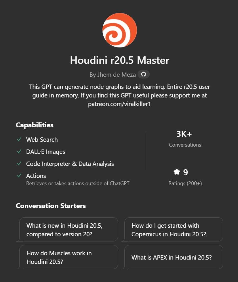 revocolor's tweet image. Check out Houdini custom #GPTAssistant 👉 chatgpt.com/g/g-eXflM6ukS-…
by &quot;Jhem de Meza&quot; #ChatGPT #SideFX #Tips #VEX #mograph #motiondesign #animation3D #simulation #VFX #Rendering #3dart 
(Entire #Houdini 20.5 user guide in memory)