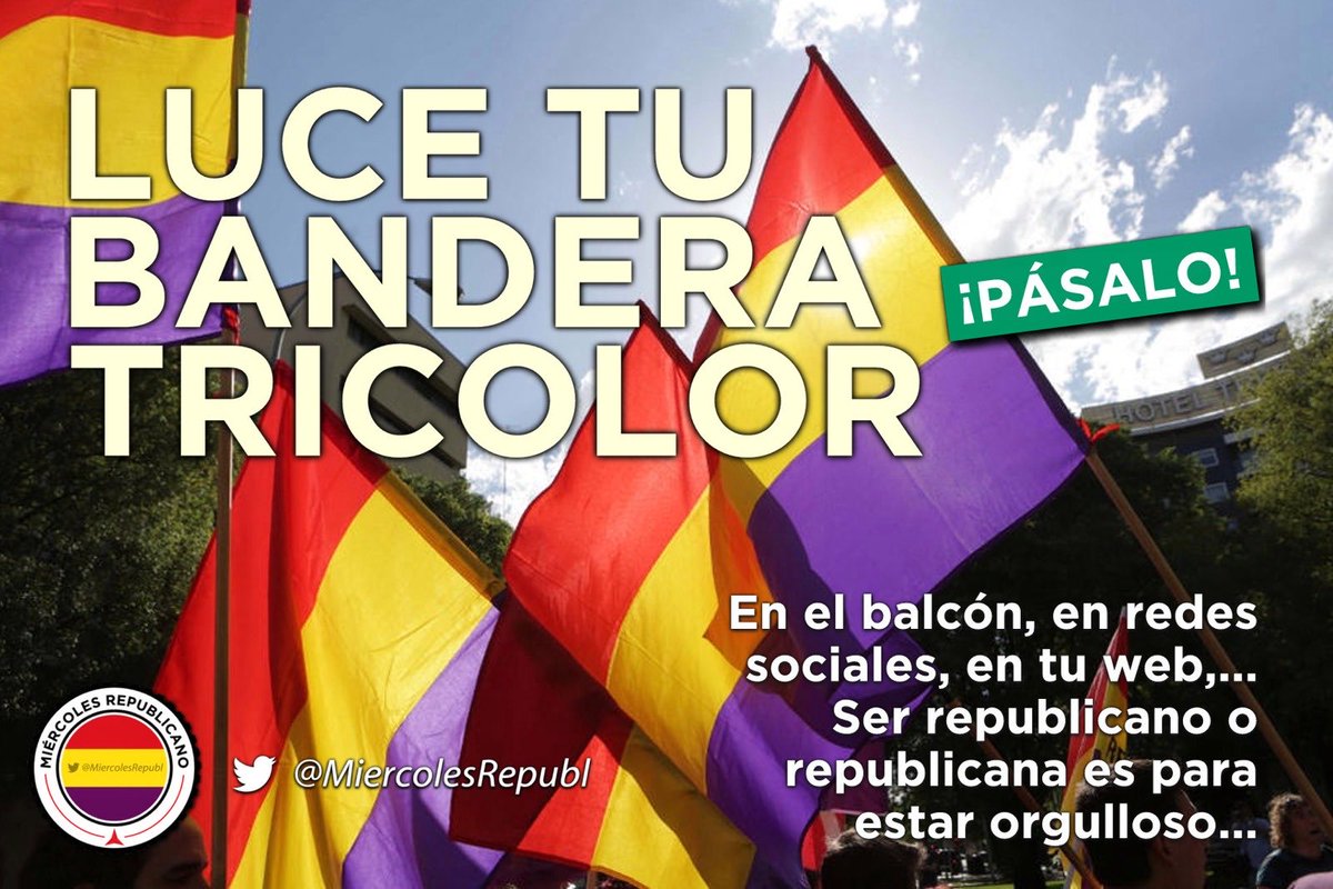 #FelizSábado

Vamos, que es sábado...

No salgas sin haber colgado la bandera tricolor en tu mirador, ventana, balcón, terraza, redes sociales y web.

Lúcela con orgullo, que es la única que te representa como ciudadan@. No seas súbdit@.