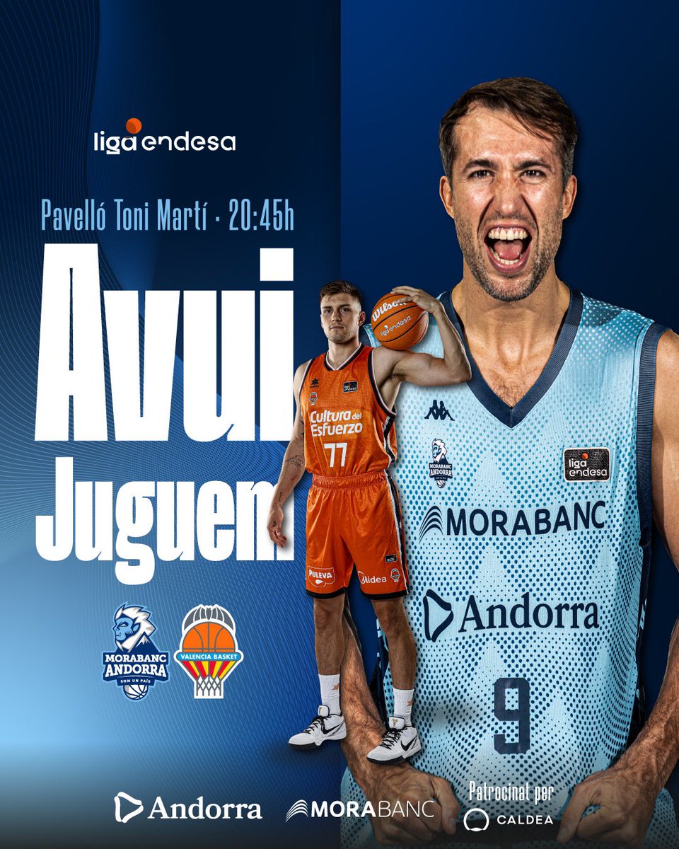 🔝🔥 𝗔𝗩𝗨𝗜 𝗝𝗨𝗚𝗨𝗘𝗠‼️
⠀
🏀 Jornada 19 | Lliga Endesa
⌚️ 20:45 hores
🆚 <a href="/valenciabasket/">Valencia Basket Club</a> 
🏟️ Pavelló Toni Martí
📺 M+ Dep / Dial 213 <a href="/AndorraTelecom/">Andorra Telecom</a> 
🎙 <a href="/rtvandorra/">RTVA</a> 
🫧 Partit patrocinat per <a href="/Caldea/">Caldea</a> 
⠀
#ForaLimits #MaiPor