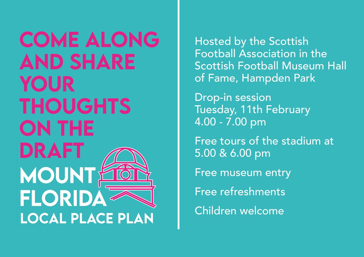 Hopefully you’ll know we’ve been developing a vision and identifying possible projects in Mount Florida over the next 10-15 years. Our final community consultation is on 11 Feb in Hampden. If you live or work in Mount Florida please drop in and tell us what you think.