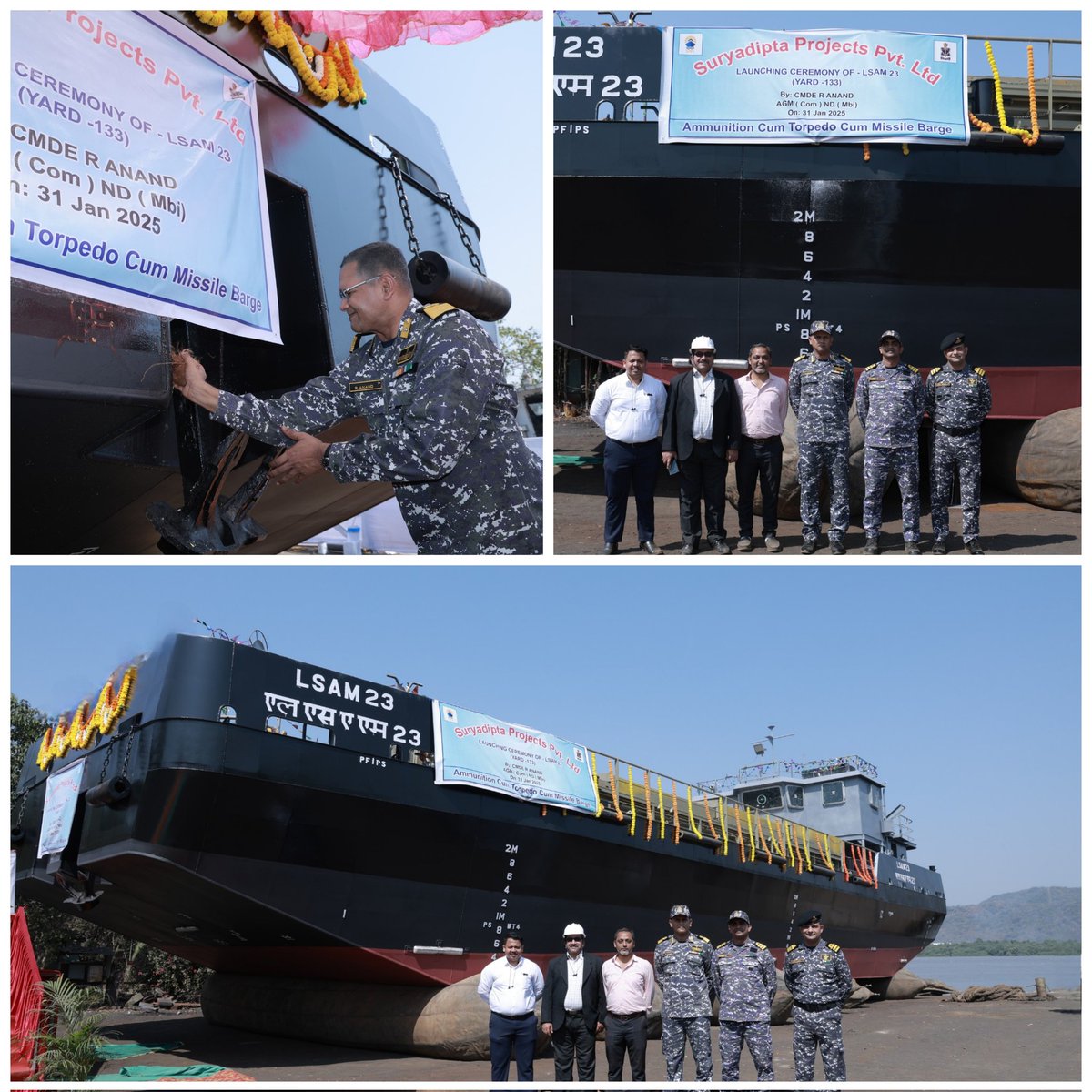 DefProdnIndia's tweet photo. Launching ceremony of 9th #ACTCM Barge, LSAM 23 (Yard 133) was held on 31 Jan 25 at M/s Suryadipta Projects Pvt Ltd, Thane. 
The Chief Guest for the launching Ceremony was Cmde R Anand, AGM (COM)/ ND (Mbi).

🔸The contract for construction of eleven (11) Ammunition Cum Torpedo Cum Missile Barge was concluded with #MSME Shipyard, M/s Suryadipta Projects Pvt Ltd, Thane on 05 Mar 21. 

🔸These Barges have been indigenously designed and built by the Shipyard in collaboration with an Indian Ship Designing firm and Indian Register of Shipping (IRS).

Read more : ➡️https://t.co/Z4UvZaxmxe