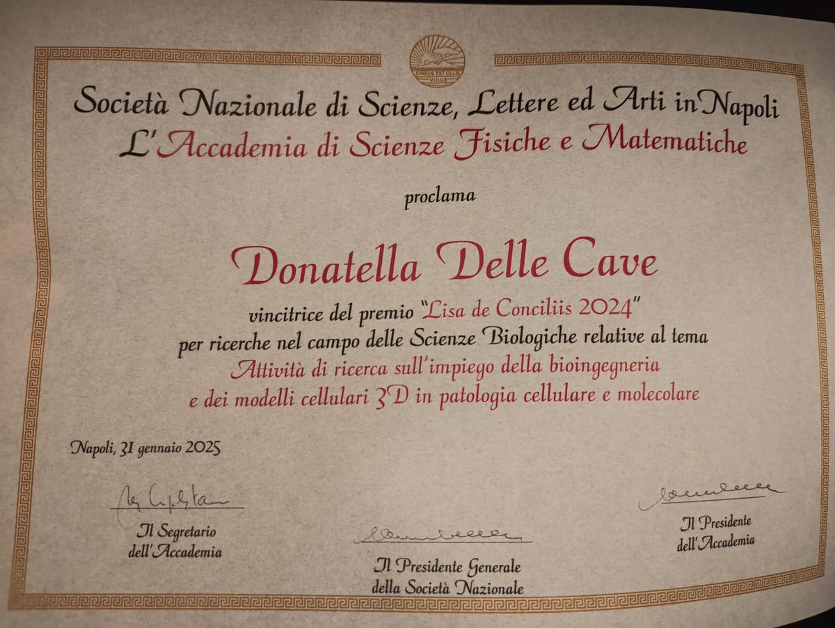 Donatella Delle Cave (@donatellacave) on Twitter photo I would like to express my heartfelt gratitude to the National Society of Sciences, Letters, and Arts for awarding me the 'Lisa De Conciliis' Prize 2024. This recognition honors my research on the use of 3D cellular models in cellular pathology. <a href="/EnzaLonardo1/">LonardoLAB</a> <a href="/CnrIgb/">CNR IGB - Institute of Genetics and Biophysics ABT</a> <a href="/AIRC_it/">Fondazione AIRC per la ricerca sul cancro</a> I would like to express my heartfelt gratitude to the National Society of Sciences, Letters, and Arts for awarding me the 'Lisa De Conciliis' Prize 2024. This recognition honors my research on the use of 3D cellular models in cellular pathology. <a href="/EnzaLonardo1/">LonardoLAB</a> <a href="/CnrIgb/">CNR IGB - Institute of Genetics and Biophysics ABT</a> <a href="/AIRC_it/">Fondazione AIRC per la ricerca sul cancro</a>