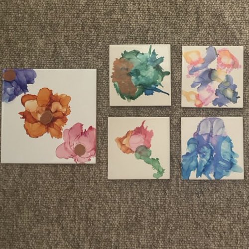 SamBP2's tweet image. Here’s a few examples of the coasters made by young people and adults made at the Alcohol Inks workshop delivered recently at The Lamplighters Pub, Bristol.