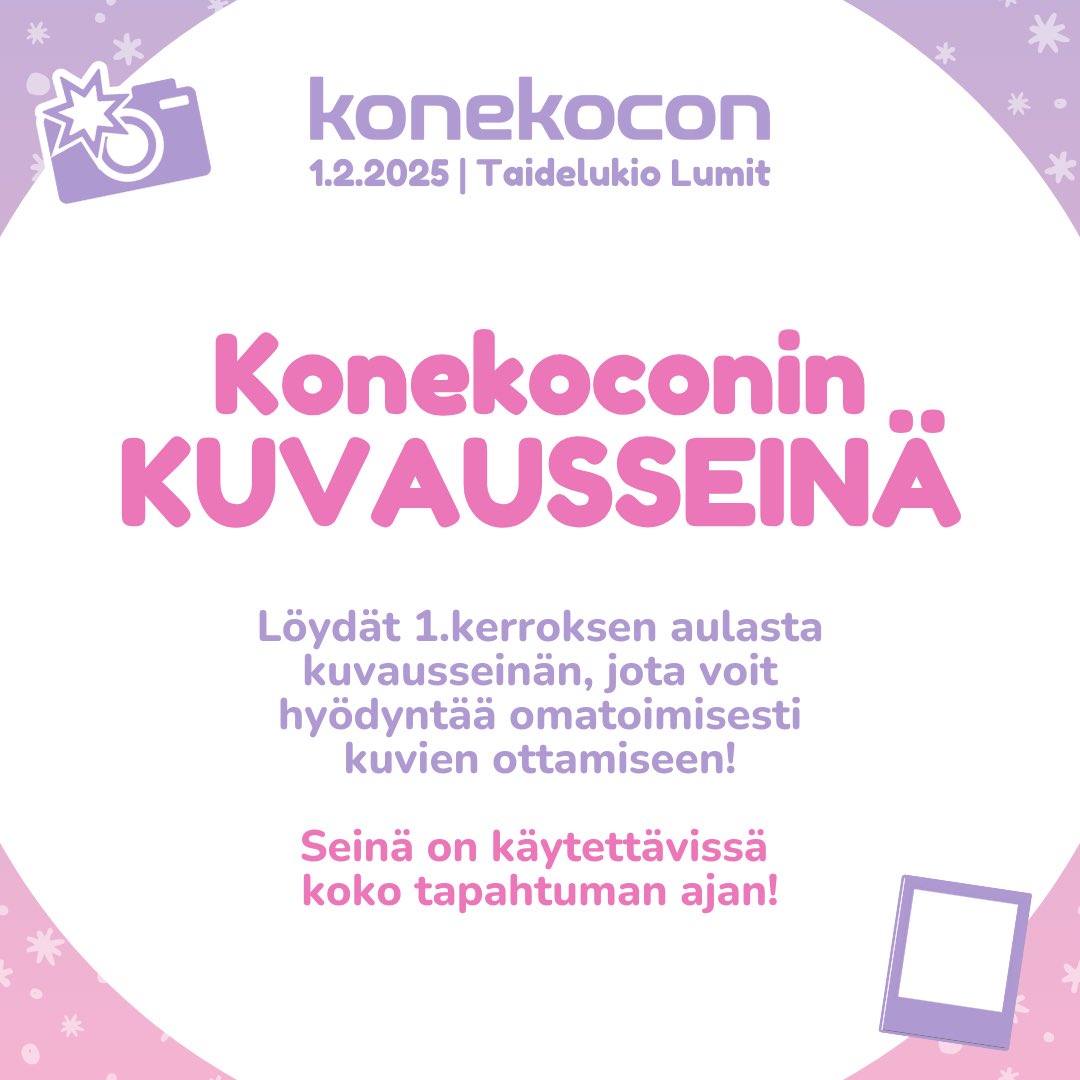 Kaipaatko valokuviisi conin käytäviä miellyttävämpää taustaa? Lumitin 1.kerroksen aulasta aivan myyntisalin vierestä löydät kuvausseinän, jota voit käydä hyödyntämässä omatoimisesti kuvien ottamiseen! 💗 Seinä on käytettävissä koko tapahtuman ajan.

#konekocon #nekocon