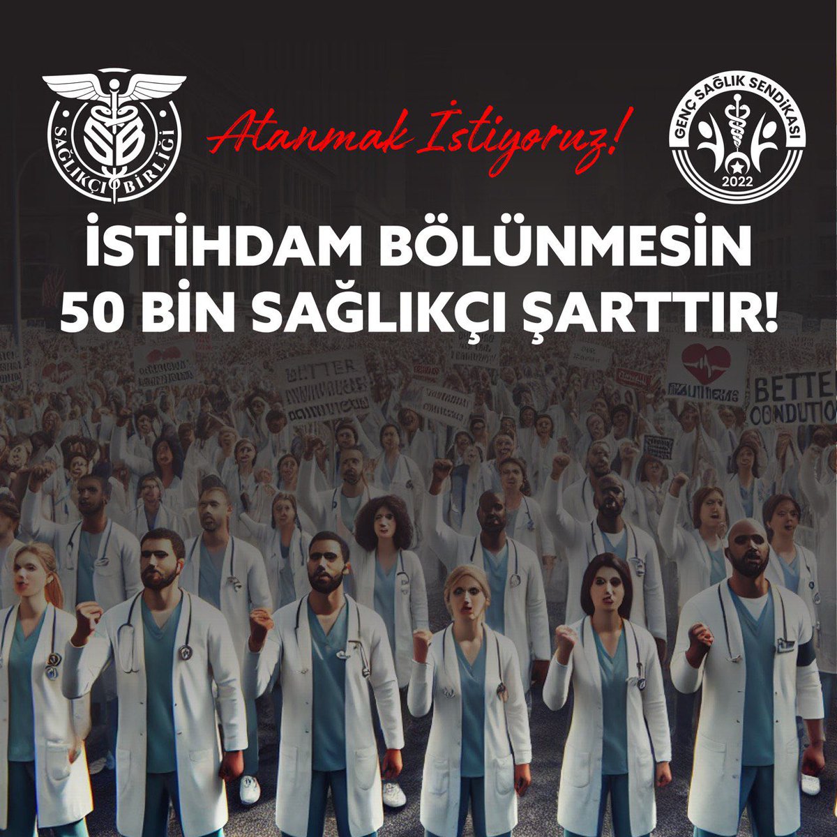 “Ulus’taki eylemimize ses ver! Sağlık çalışanlarının haklarını savunuyoruz ve doğru atamalar yapılmalı! Sağlıkçı alımları acil! Adalet, eşitlik ve doğru atamalar için buradayız!”

#SağlıkçıAtamaİçinUlusta