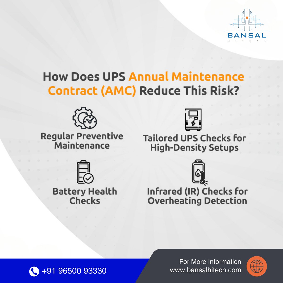 BansalHiTechSys's tweet image. 🔋 How Does UPS Annual Maintenance Contract (AMC) Reduce Risk? 🔋

📞 Contact us today!
📲 +91 96500 93330/31
📧 gurgaon@bansalhitech.in
🌐 bansalhitech.com

#PowerSolutions #RemoteMonitoring #DataCenter #ContinuousUptime #BusinessContinuity
