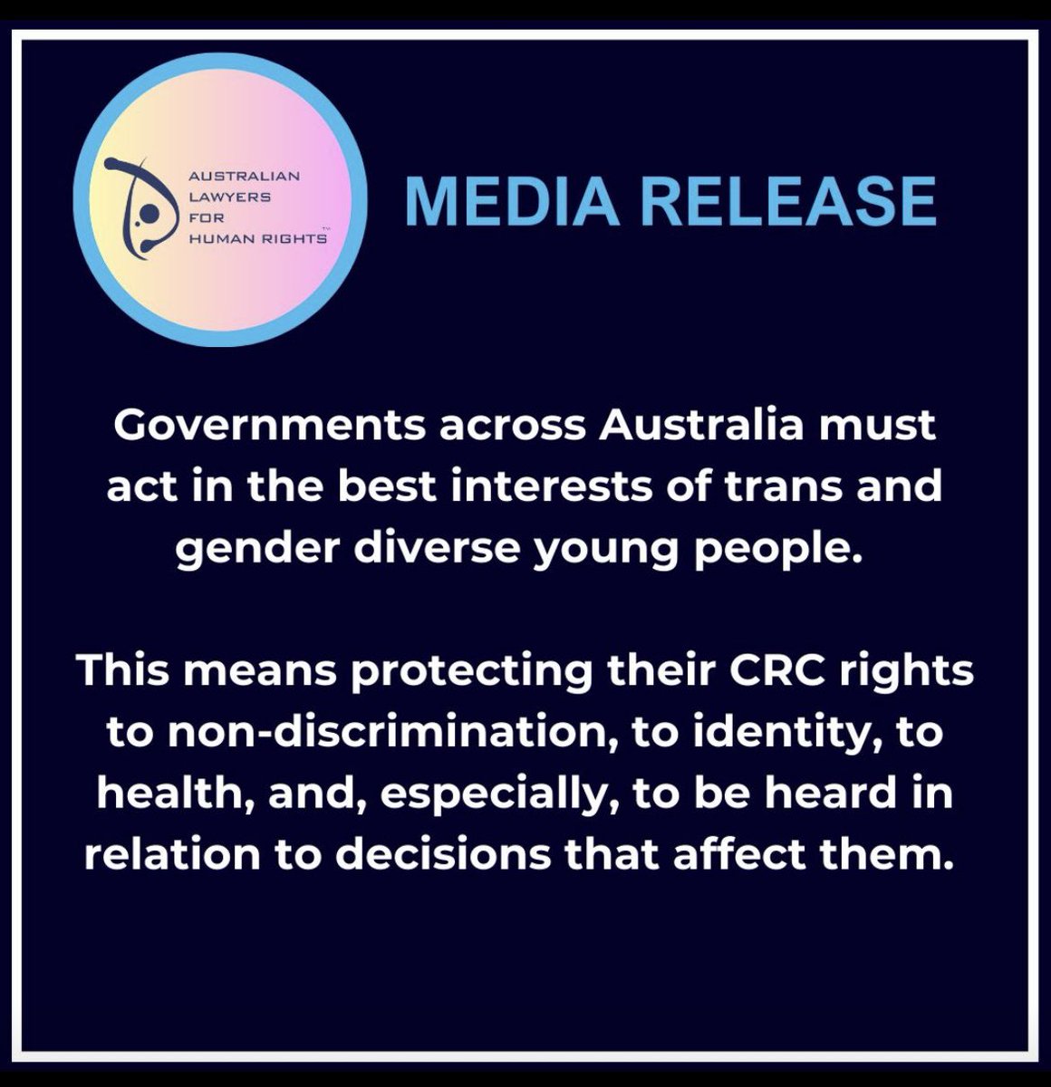 Breaking: The right to #health care for trans &amp; gender diverse young people must not be politicised. Any reviews must vigorously uphold the fundamental Article 12 #CRC right to participate. 
alhr.org.au/trans-health/ 
#auslaw #auspol #qldpol #LGBTQ #HumanRights #AusHumanRightsAct