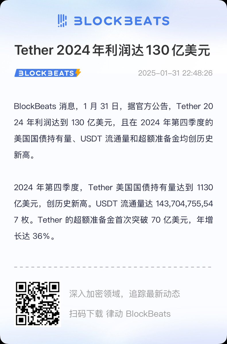 一文读懂USDT发行商Tether是如何赚钱的今天看到了@tether 发布的公告，其2024年利润高达130亿美元。  作为一个长期使用USDT的圈内人，我此前却从未深入了解过其背后的原理以及Tether的盈利模式，这次正好借此机会进行了详细调研。  USDT的核心原理是通过锚定法定货币（如 ...