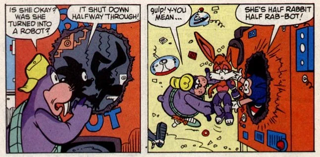 In the original continuity to Archie's Sonic the Hedgehog, Bunnie was thrown into a Roboticizer and saved halfway through the process.

Post reboot, she was dismembered from an Eggman attack
with Uncle Chuck using a prototype Medical Roboticizer he built to save her life. 