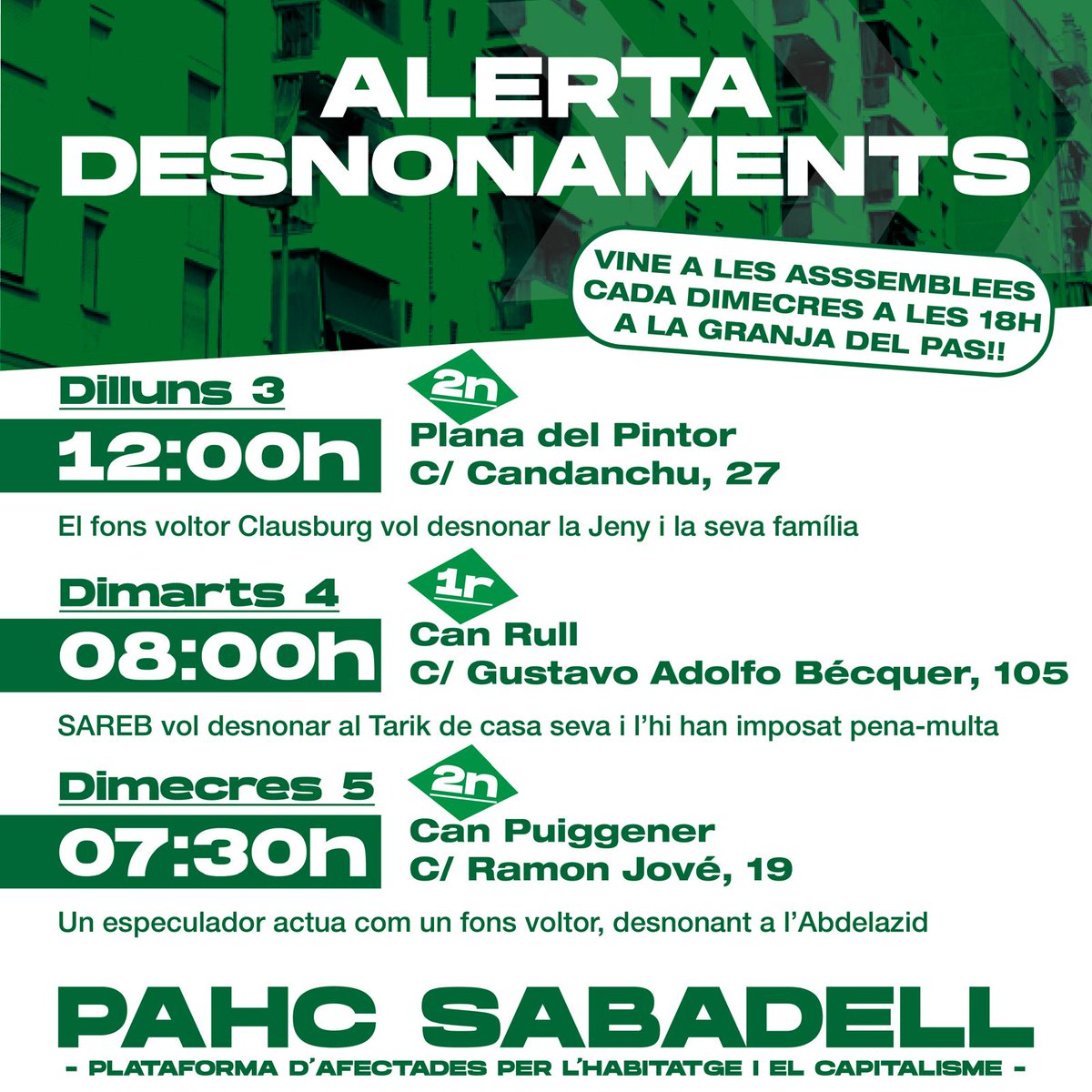 PAHC_Sabadell's tweet photo. Desnonaments de la setmana que ve ⬇️⬇️
Juntes els aturarem!
#SíQueEsPot
#PAHCSabadell https://t.co/ttKBbTk8SY