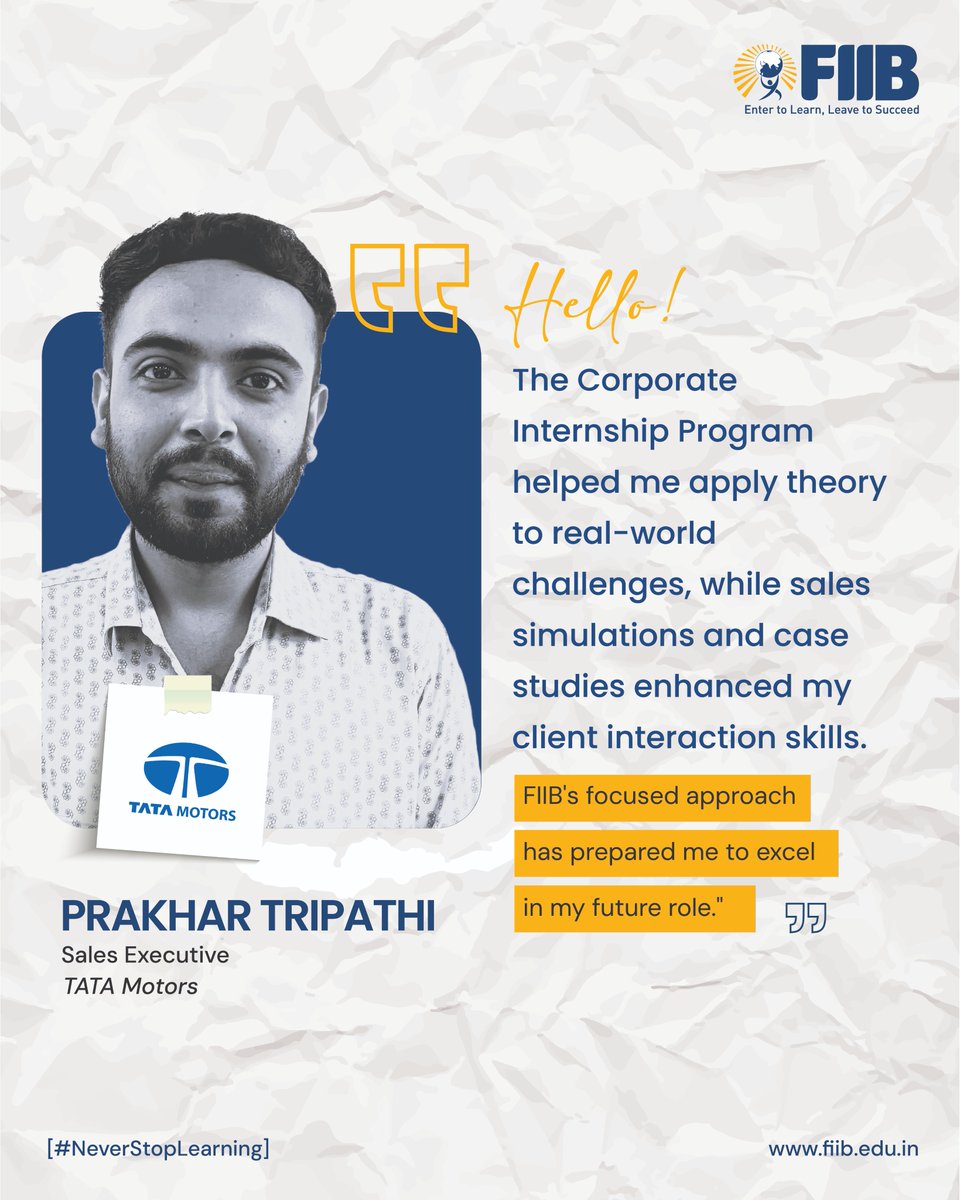 Yet another extraordinary story! Congratulations to Prakhar Tripathi on landing a Sales Executive role at TaATA Motors. We're so proud of your hard work and dedication. Keep shining!

#TataMotors #SalesExecutive #FIIBPlacement #ProudMoment #NotYourOrdinaryBSchool  #FIIB