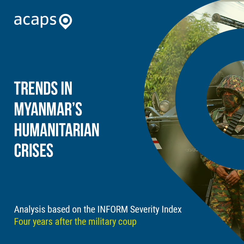 ACAPSproject's tweet photo. 📌 #Myanmar: Four years since the coup – how has the humanitarian situation changed? 

Prior to military coup, 1M people needed humanitarian assistance. In 2025, nearly 20M will require urgent aid.

We explore changes in Myanmar's crises, highlighting trends and drivers.