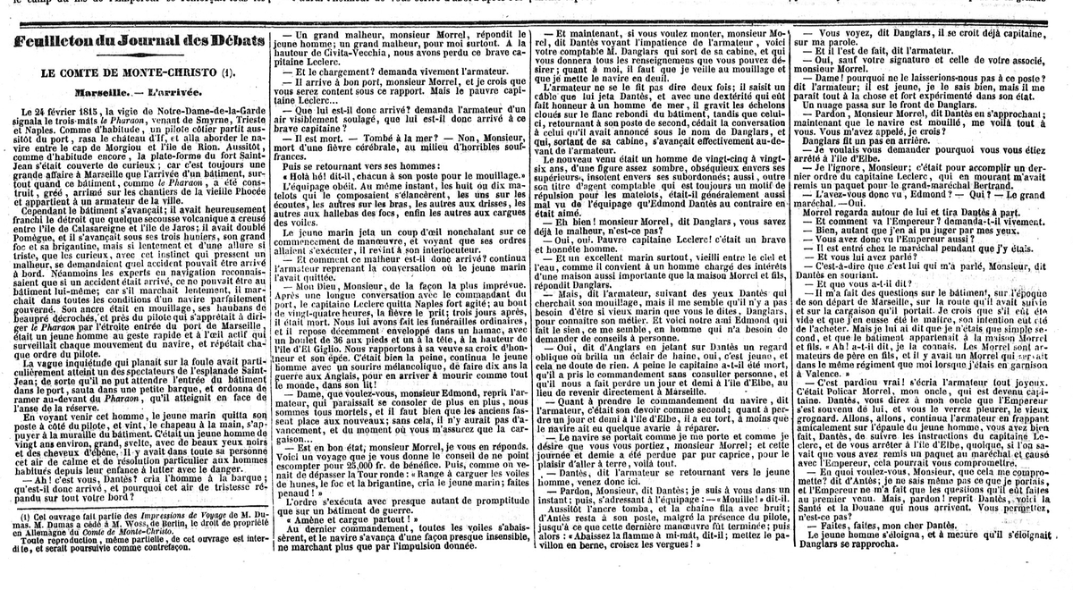 edcontrasena's tweet photo. La cuenta de @Albaeditorial ha recordado que, el 1 de febrero de 1846, el periódico parisino «Journal des Débats» publicó la última de las dieciocho entregas de «El conde de Montecristo», de Alexandre Dumas. La primera se publicó el 28 de agosto de 1844. Aquí tenéis el comienzo. https://t.co/Ps4Zi0AIex