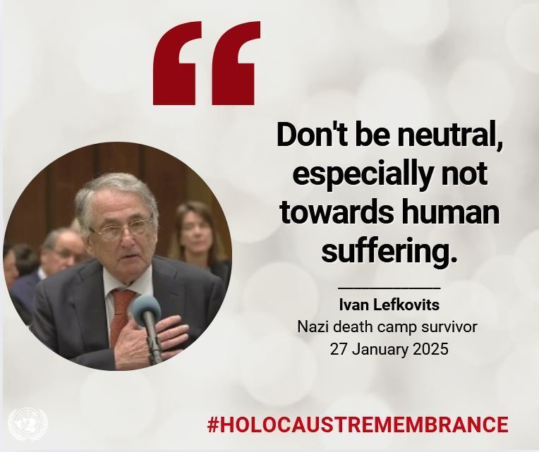 #HolocaustRemembranceDay at <a href="/UNGeneva/">United Nations Geneva</a>:

Relive the harrowing testimony of Ivan Lefkovits, Nazi death camp survivor.
📺 buff.ly/40TacQD

His timeless message to present and future generations:
‘𝗗𝗼𝗻'𝘁 𝗯𝗲 𝗻𝗲𝘂𝘁𝗿𝗮𝗹, especially not towards human suffering’