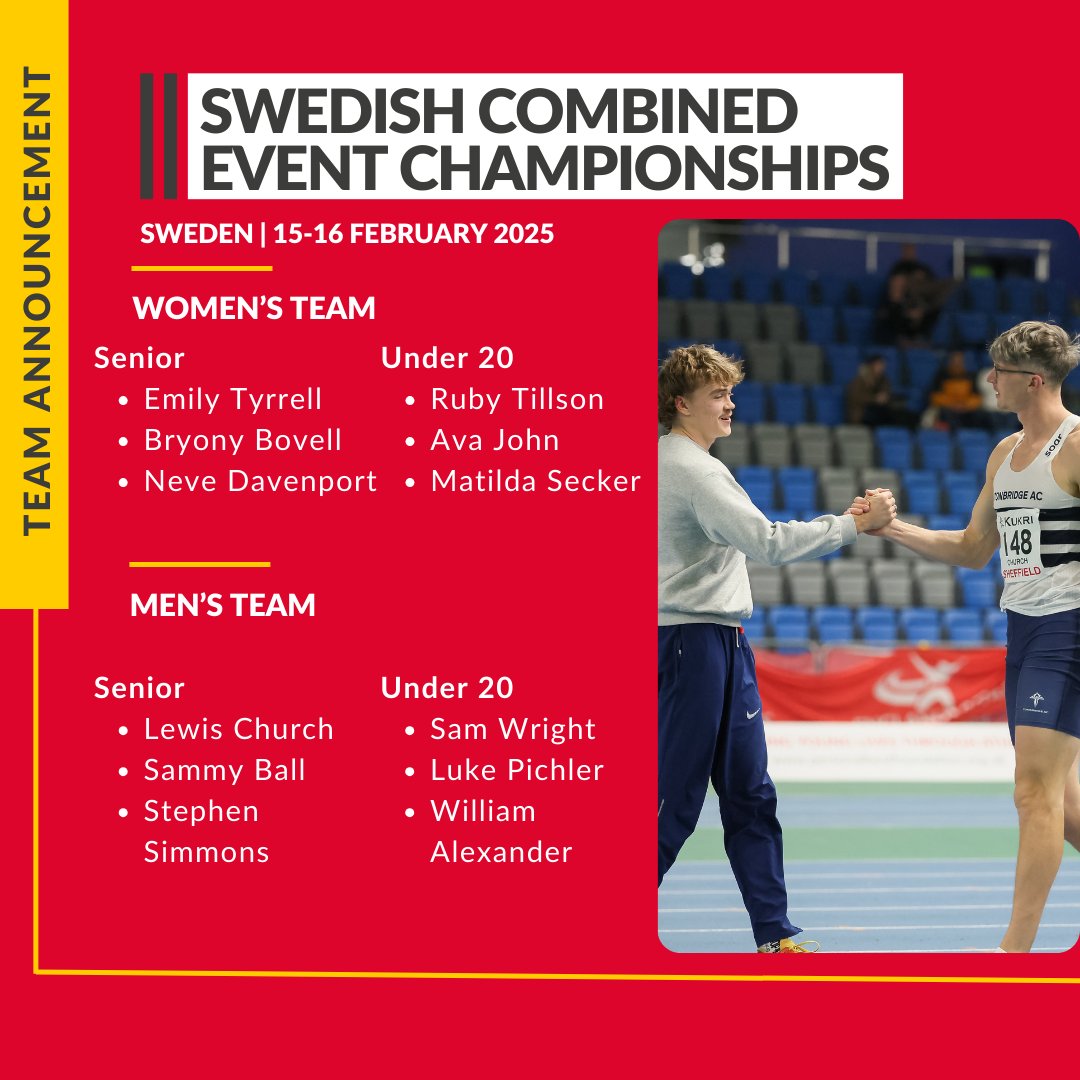 We are delighted to share the athletes who have been selected to represent England at the Swedish National Combined Event Championships! The athletes all gained selection at our recent indoor championships! Best of luck to the team ❤

See the full team ➡ bit.ly/3PXAtqz