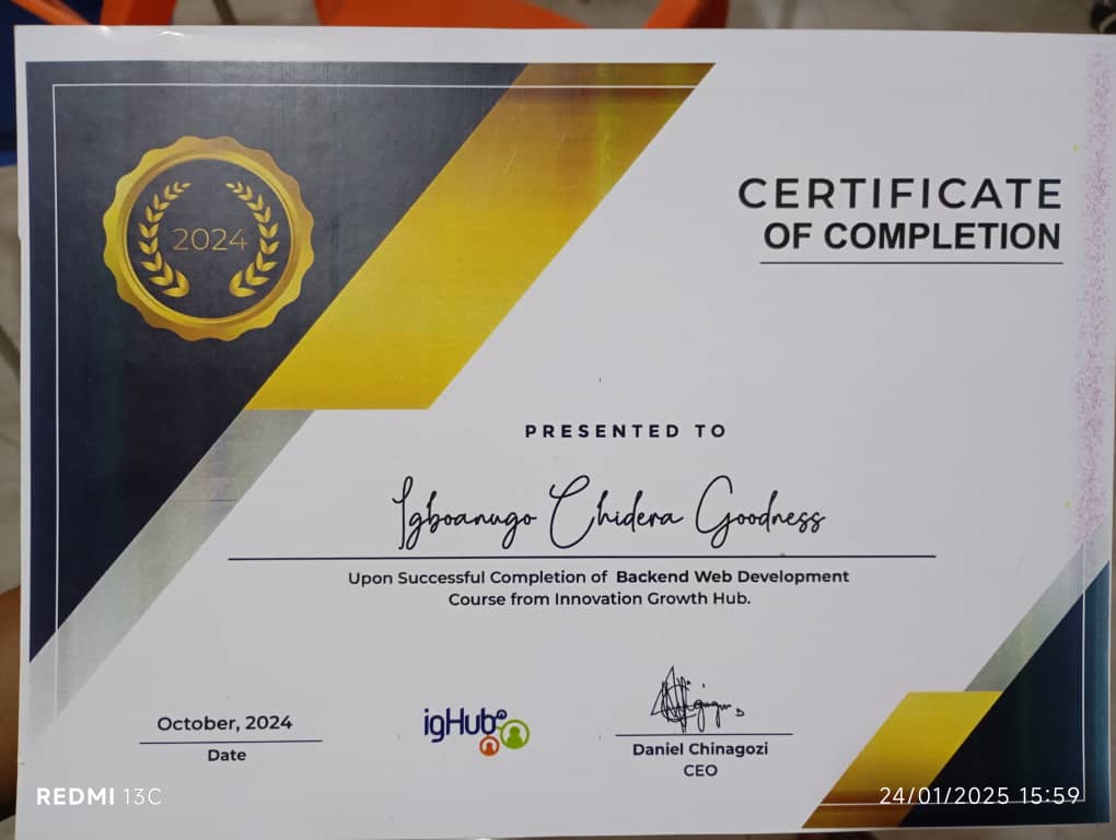 Congratulations to me 

Am now a certified Backend developer  

Thanks to <a href="/theighubafrica/">Innovation Growth Hubs</a>  for the mentorship and guidance