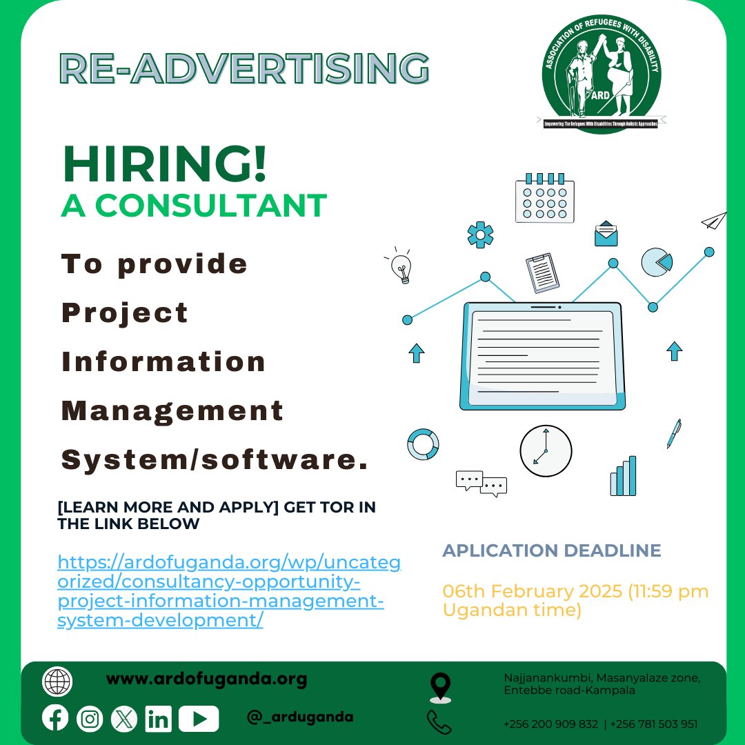 🚀 RE-ADVERTISING: WE’RE HIRING!
ARD is seeking a consultant to develop a Project Information Management System (PIMS/software).

📍 Location: Kampala, Uganda
⏳ Deadline: 6th Feb 2025

Apply &amp; Learn More: 🔗ardofuganda.org/wp/uncategoriz…

🔹 Women &amp; PWD`s are encouraged to apply.