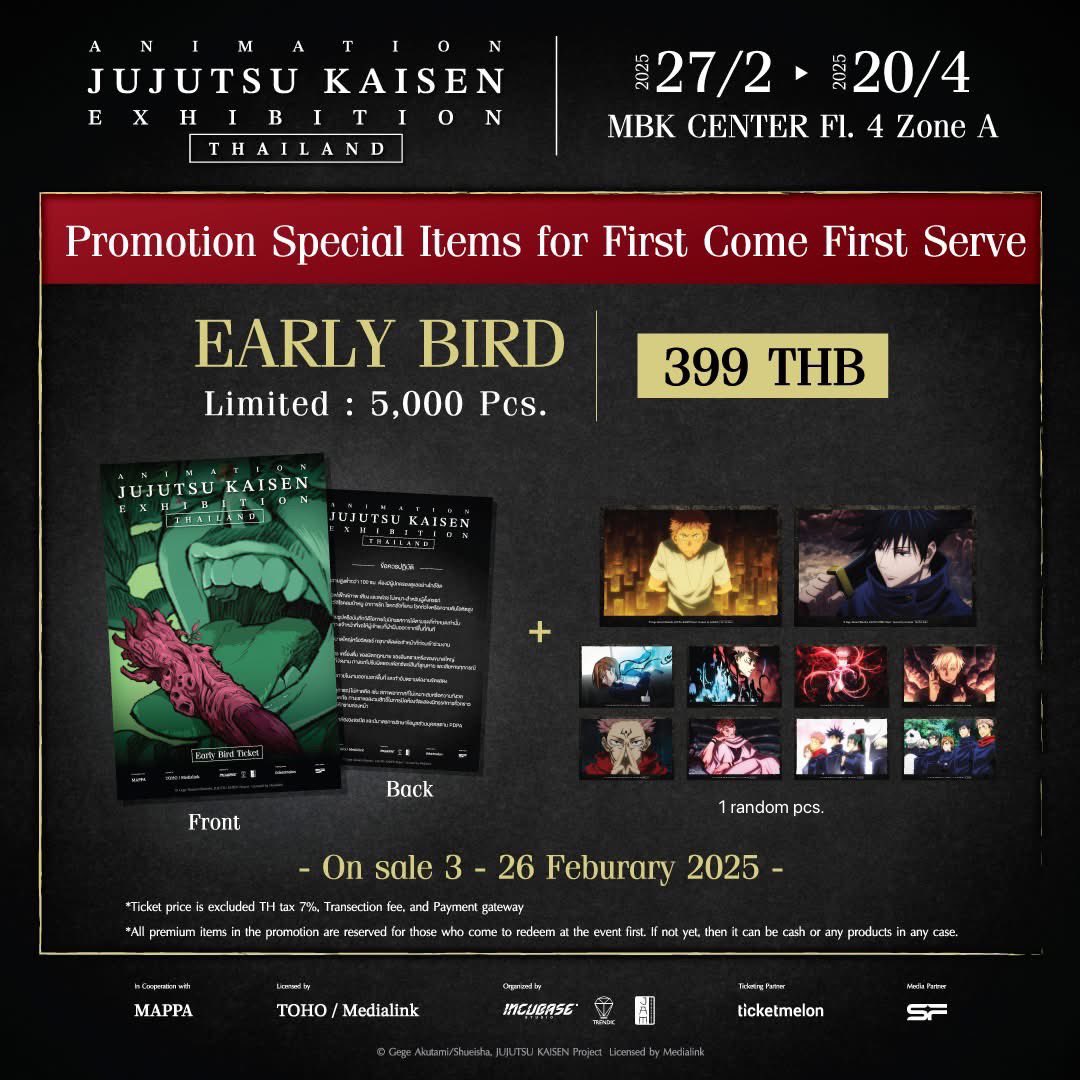 jam_th_official's tweet photo. Promotion Early Birds ราคาพิเศษพร้อมของพรีเมี่ยม
จำกัด 5,000 สิทธิ์เท่านั้น*

เปิดซื้อบัตร Early Birds ราคาพิเศษพร้อมกัน 3 กุมภาพันธ์ 2568 10:00 น.
ทาง เว็บไซต์ / แอปพลิเคชั่น Ticketmelon

+
#JujutsukaisenexhibitionTH
#JapanAnimeMovieThailand https://t.co/zaSCU7UkGz