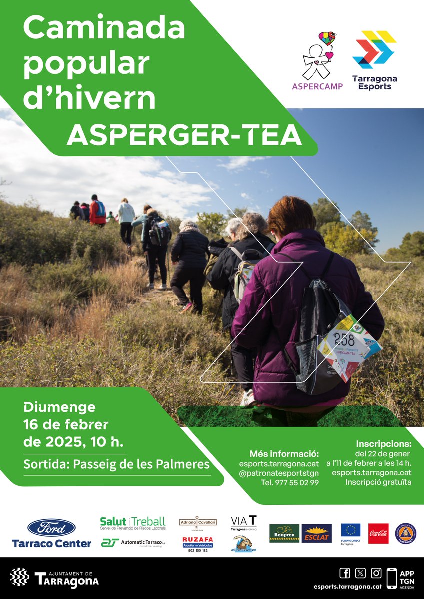 Afanya't! Queden poques inscripcions. Diumenge 16  febrer 9.50h llegirem el manifest pel Dia Int. Asperger i a les 10h iniciarem caminada al pg Palmeres #Tarragona. Recordeu que és gratuïta i només hi faltes tú! Ens veiem allí mateix! docs.google.com/.../1FAIpQLScL…
#asperger #aspercamp