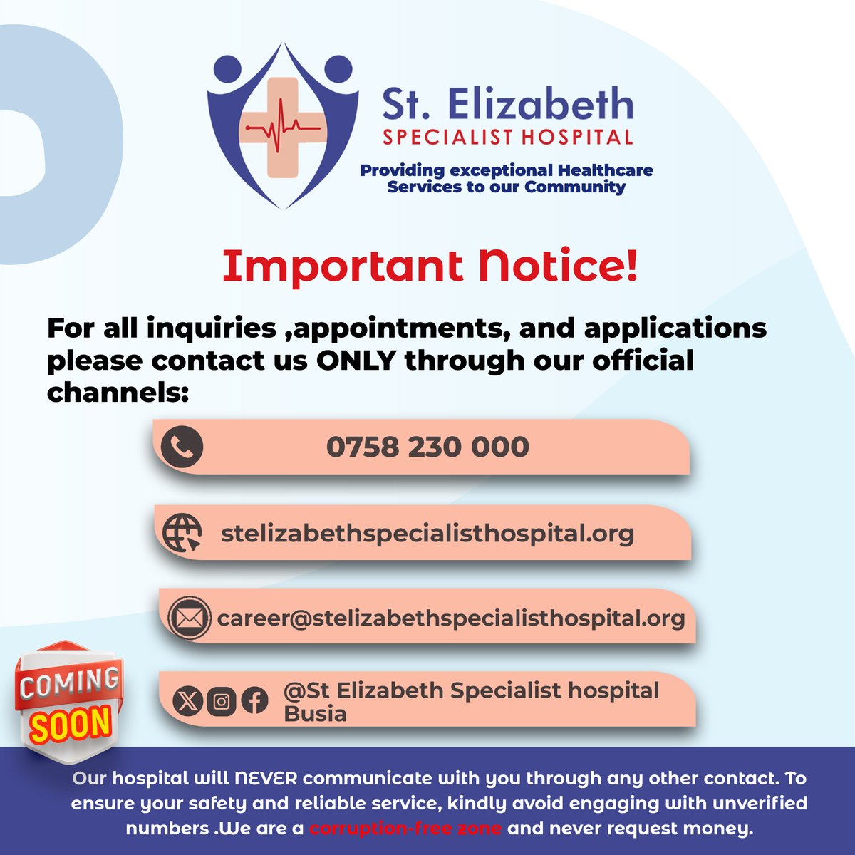 Seshopital's tweet photo. Our hospital will NEVER communicate with you through any other contact. To ensure your safety and reliable service, kindly avoid engaging with unverified numbers.
#BetterTogether  #busia #aoko https://t.co/PdY4FOh7wu