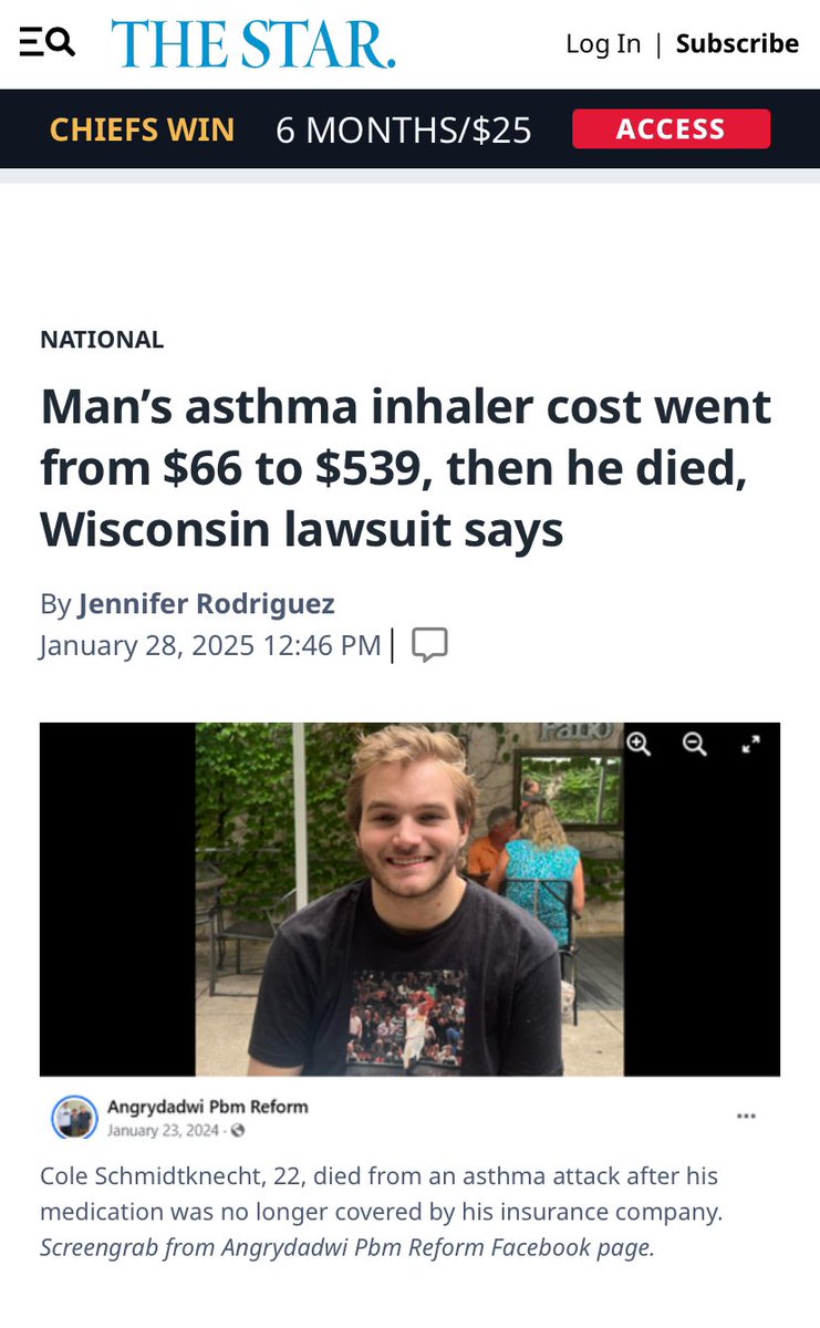 BMoon_bee's tweet photo. 🇺🇸Un jeune americain de 22 ans meurt d’une crise d’asthme car il n’a pas pu se payer à la pharmacie Walgreen l’inhalateur passé de 66$ à 539$, car son assureur Optum RX a décidé sans préavis de ne plus couvrir ce produit. 

Ses parents poursuivent l’assureur. 

Pays de criminels. https://t.co/G1SCkQTKjY