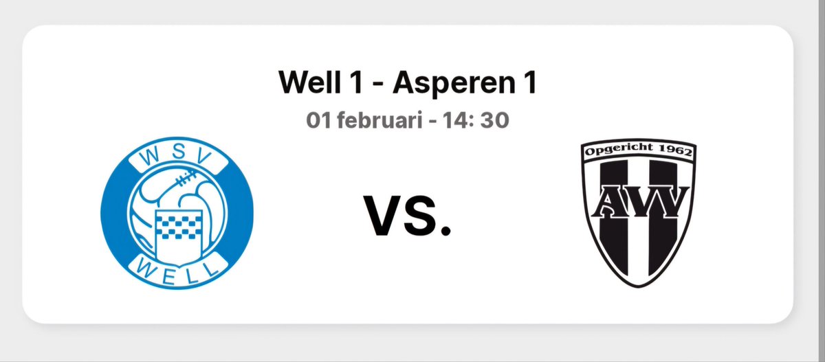 Vanmiddag gaat de competitie weer van start met een uitwedstrijd tegen Well.
Aanvang 14.30uur <a href="/wsvwell/">WSV Well</a>  - <a href="/vvAsperen/">vv Asperen</a>