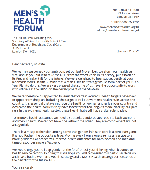 Men & Boys Coalition (@mbcoalition) on Twitter photo We are proud to have joined colleagues from across the men's health sector in calling on health secretary <a href="/wesstreeting/">Wes Streeting</a> to retain support women's health hubs and the women's health strategy alongside the development of a men's health strategy
menshealthforum.org.uk/our-letter-gov… We are proud to have joined colleagues from across the men's health sector in calling on health secretary <a href="/wesstreeting/">Wes Streeting</a> to retain support women's health hubs and the women's health strategy alongside the development of a men's health strategy
menshealthforum.org.uk/our-letter-gov…