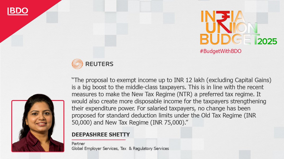 #DeepashreeShetty <a href="/Reuters/">Reuters</a> 
Read more here: bit.ly/40Fxo3p

#BDOIndia #BudgetwithBDO #Budget2025 #IndiaUnionBudget2025 #IndiaBudgetAnalysis #TaxReforms2025 #FiscalPolicy2025 #FinanceMinister